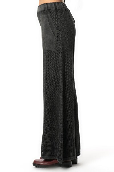 Eliş Şile Bezi File Detailed Wide Leg Elastic Waist Long Autumn and Winter Pocketed Knitwear Trousers Smoked Fm