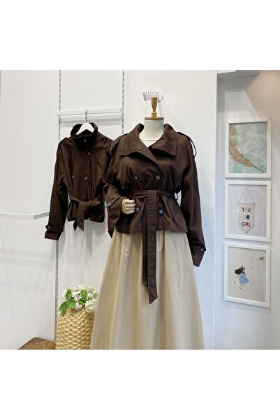 Faya Boutique Kahverengi Balıkçı Yaka Kuşaklı Kısa Trençkot