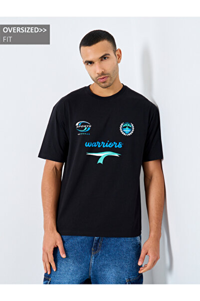 Styli Men Black Oversized Graphic Print Jersey T-Shirt
