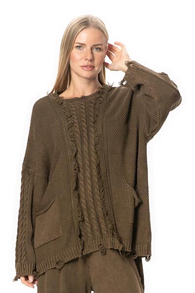 Eliş Şile Bezi Long Sleeve Aylin Knit Detailed Crew Neck Autumn and Winter Knitwear Blouse Coffee Khv