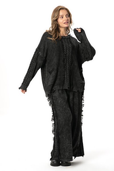 Eliş Şile Bezi Uzun Kol Aylin Örgü Detaylı Bisiklet Yaka Sonbahar ve Kışlık Triko Bluz Siyah Syh