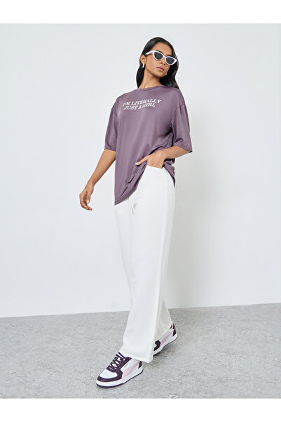 Take Two By Styli Purple Slogan Print Oversized T-Shirt