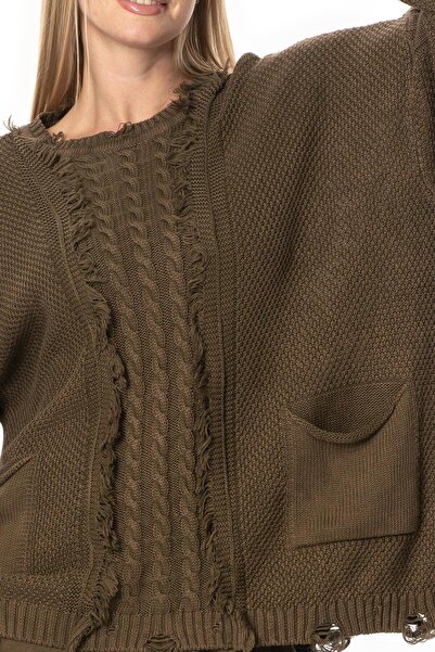 Eliş Şile Bezi Long Sleeve Aylin Knit Detailed Crew Neck Autumn and Winter Knitwear Blouse Coffee Khv