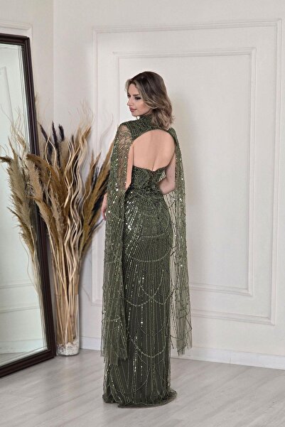 Yonca Moda Evi Yeşil Pelerinli Midi Boy Elbise 9011
