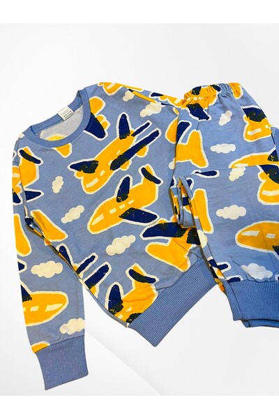 Fil Kids Erkek Çocuk Pamuklu Kumaş Mavi Renk Uçak Desenli Uzun Kollu Şardonlu Kışlık Pijama Takımı