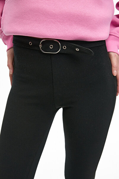 GRIMELANGE Cirelyn Women's Adjustable Waist Belt Buckle Stretchy Long Black Pants