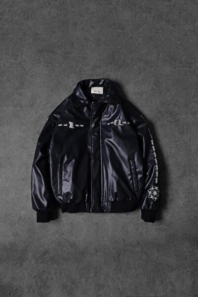 Slatra Чоловіча синя куртка-бомбер зі шкіри з підкладкою та вишивкою Thorn