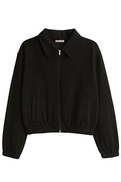 Mixray 4764 Women's Basic Zippered Corded Fabric Knitted Thessaloniki Jacket Black