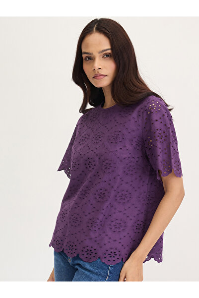Femmella By Styli Purple Cotton Schiffli Top