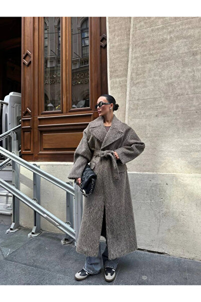 Myra Tied Feather Textured Wool Coat-Mink