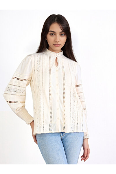 Styli Long Sleeve Cotton Blouse with Schiffli and lace Detail