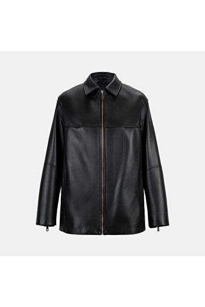 Desa Women's Black Shirt Collar Leather Jacket