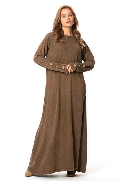 Eliş Şile Bezi Long Sleeve Eye-Catching Crew Neck Button Detail Autumn and Winter Long Knit Dress Coffee Khv