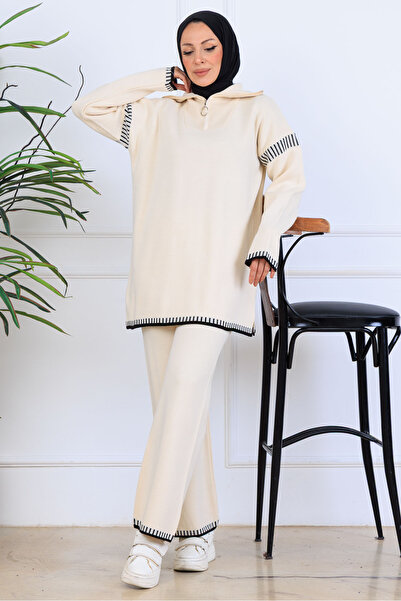 benguen Zippered Collar Stripe Detail Knitwear Set S1061 Stone Color