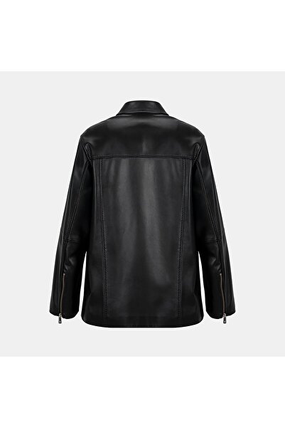 Desa Women's Black Shirt Collar Leather Jacket
