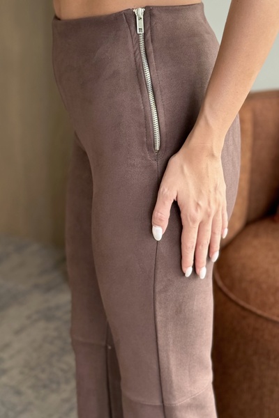 Laluvia Brown Suede Side Zipper Trousers - 40578