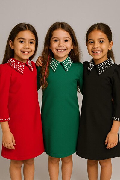 Hilal Akıncı Kids Fakir Girl's Dress with Stone Decor on the Collar and Sleeves
