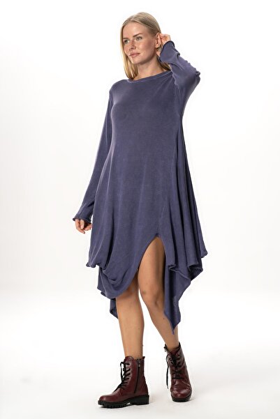 Eliş Şile Bezi Long Sleeve Handan Asymmetrical Cut Autumn and Winter Flowy Midi Length Knitwear Dress Purple Purple