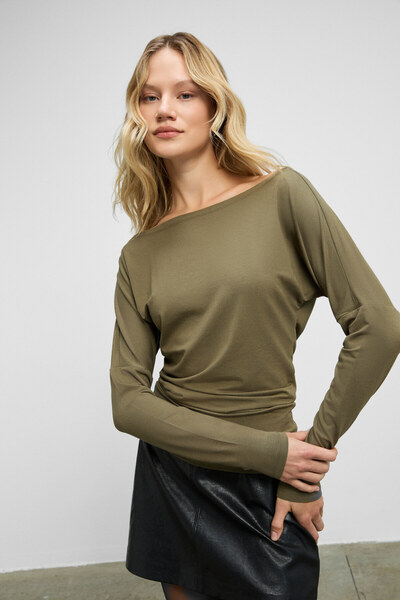 GRIMELANGE Ralivea Women's Boat Neck Fitted Khaki Blouse with Stretchy Fabric