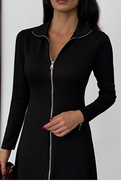 Ded COLLECTION Γυναικείο φόρεμα με διπλό φερμουάρ με μακρυμάνικο λαιμόκοψη με λεπτομέρεια Midi Modal Chic