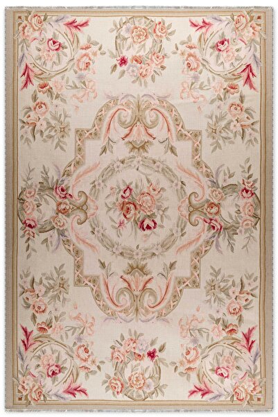 Pastel Home Tasarım Bej Klasik Çiçekli Şönil Halı Kilim Yolluk Kaymaz Saçaklı...