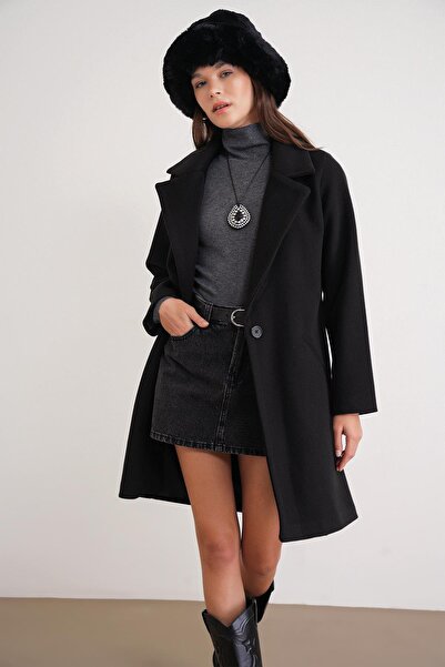 Mixray 3802 Women's Single Button Cashmere Coat Black