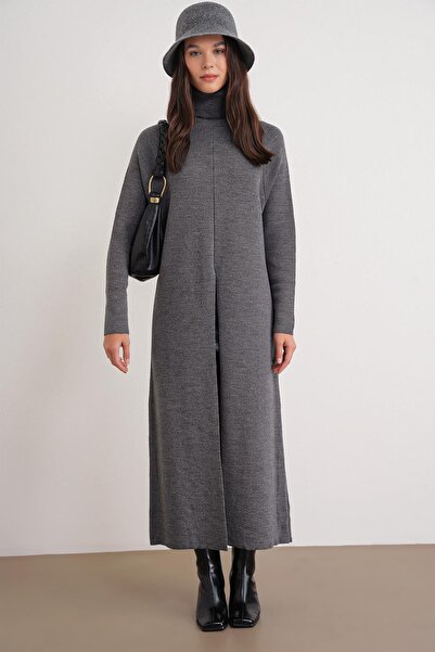 Mixray 6980 Kadın Dik Yaka Oversize Önden Yırtmaçlı Triko Elbise Antrasit