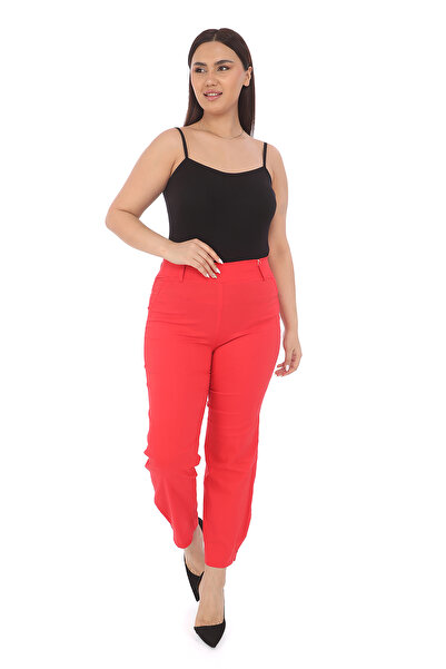EXİTLİNE Women's Summer Spring Red Trousers with Front Decorative Pockets, Leg Accessories, Logo Detail, Elastic Waist