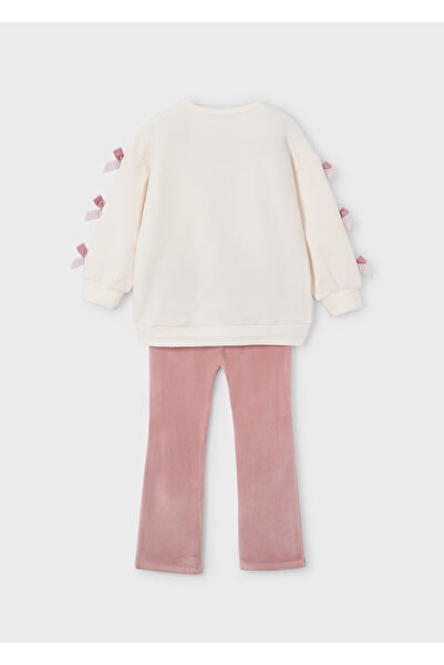 MAYORAL 4-10 Years Old Girl's Cream Color Fleece-Lined Bow Detailed Sweatshirt and Pink Velvet Leggings 2-Piece Set