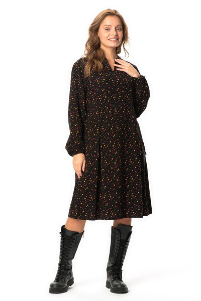Eliş Şile Bezi Long Sleeve Fahriye Flannel Floral Pattern V-Neck Short Autumn and Winter Dress Black Syh