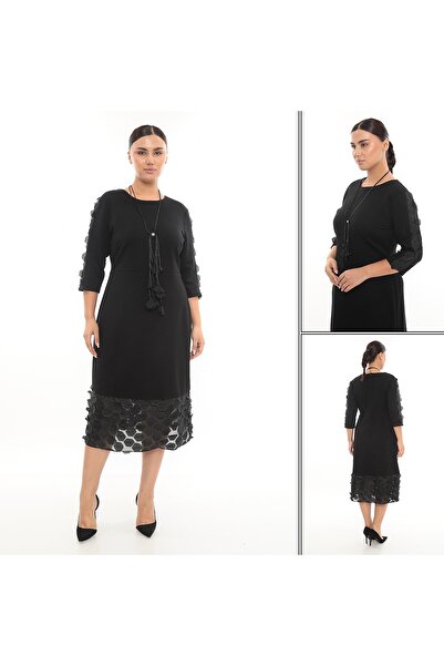 etselements Black 3D Detailled Midi Length Stylish Dress Ets7215