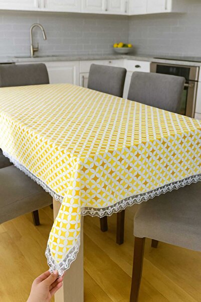 Rona Home Luxury Guipure Yellow Duck Fabric Tablecloth Stylish Patterned Waterproof Wipeable