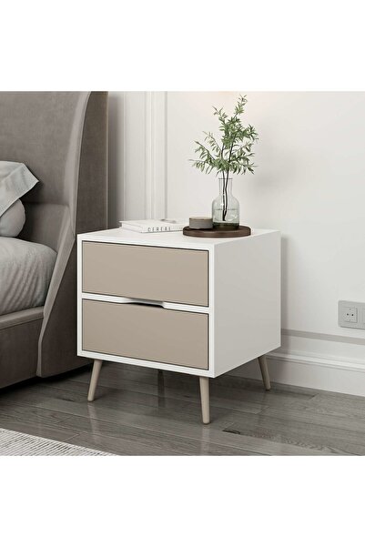 Minar Elina Ayaklı 2 Çekmeceli Komodin - Beyaz/Kumtaşı