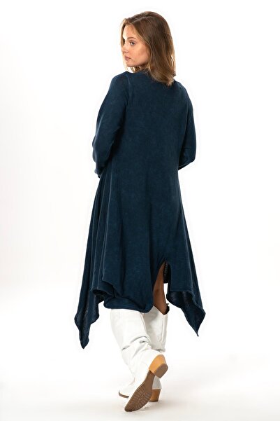 Eliş Şile Bezi Long Sleeve Handan Asymmetrical Cut Autumn and Winter Flowy Midi Length Knitwear Dress Indigo Indg