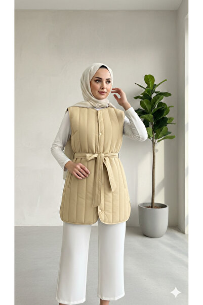 lavrisa Crinkle kumaş kuşaklı kapitone yelek