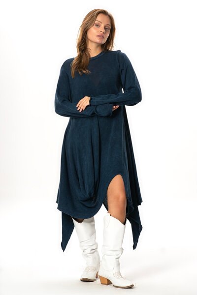 Eliş Şile Bezi Long Sleeve Handan Asymmetrical Cut Autumn and Winter Flowy Midi Length Knitwear Dress Indigo Indg