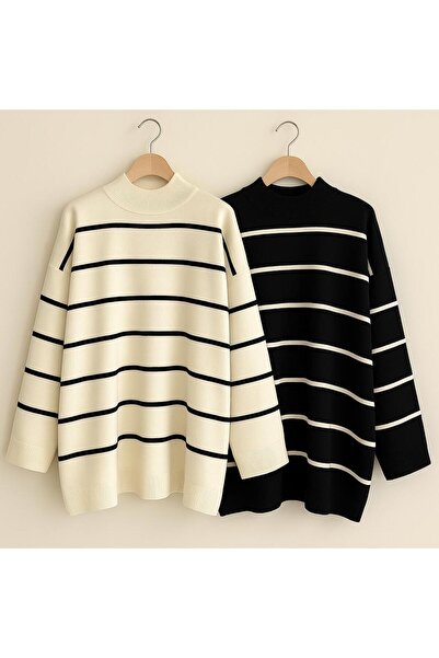 pepule Πλεκτό πουλόβερ oversized μορφών με ασπρόμαυρες ρίγες 2-συσκευασία