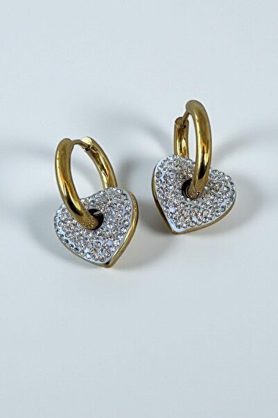 TAKIŞTIR Gold Color Heart Figured Stone Detailed Steel Earrings (Pair)