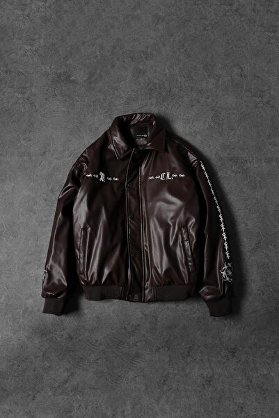 Slatra Чоловіча коричнева шкіряна куртка-бомбер з підкладкою та вишивкою Thorn