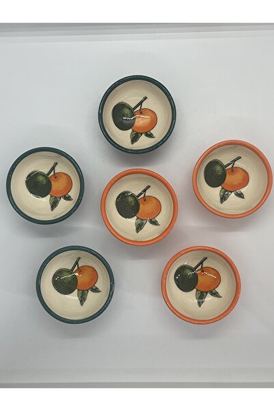 Store Yeşil Turuncu Bodrum Mandalina Desenli Seramik Kase Reçellik Çerezlik Lokumluk 6’lı Set