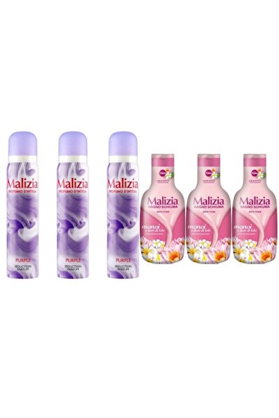 Malizia Set 6x Variety – 3x 100ml Purple Deodorant & 3x 1L Fiori di Loto Bath Foam