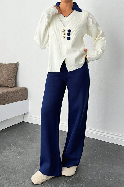 H&E LUXURY DESIGN Жіночий м'який трикотажний комплект 3-х предметів екрю-синього кольору – стильний та зручний комплект