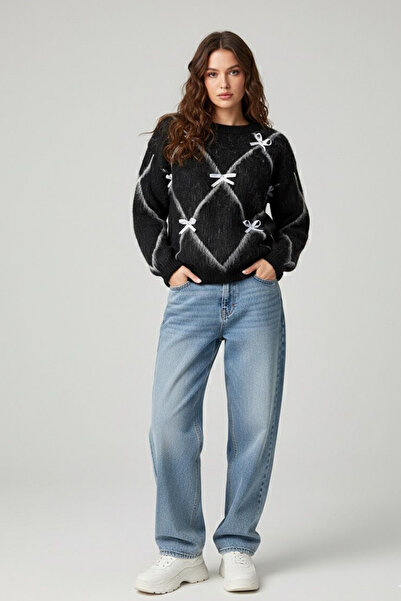 MILANOFOX Women's Soft Textured Bow Detailed Patterned Sweater