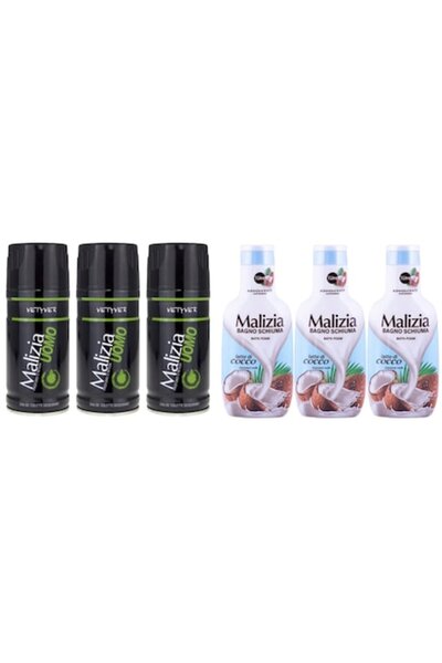 Malizia Variety Set — 3x 150ml Men Vetyver Deodorant, 3x 1L Latte Di Cocco Shower Foam