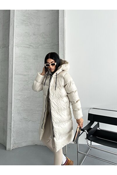 Fashionbox dámská gelová vycpávka, dlouhý péřový kabát s kapucí a zipem 251011