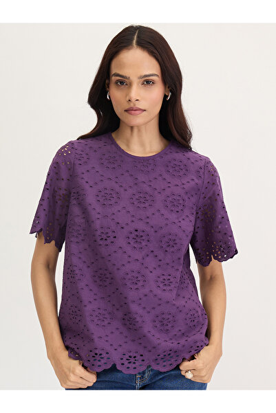 Femmella By Styli Purple Cotton Schiffli Top
