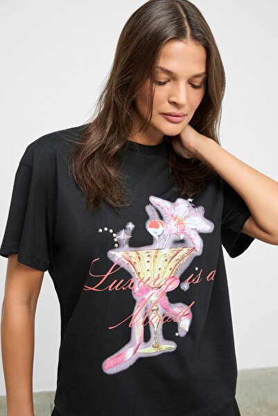 GRIMELANGE Avanti Women's Soft and Flexible Fabric Round Neck Black T-Shirt with Print and Stone Detail