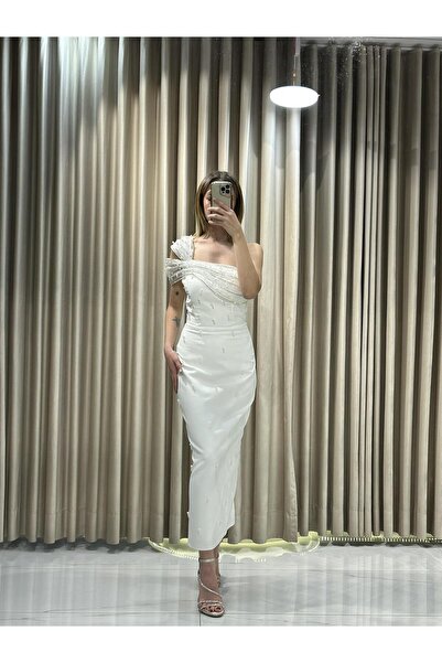 Kaleiçi Yıldızlar Beyaz Midi Boy İnci İşlemeli Abiye 8446