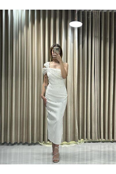 Kaleiçi Yıldızlar Beyaz Midi Boy İnci İşlemeli Abiye 8446