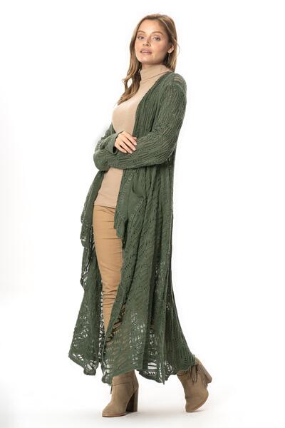 Eliş Şile Bezi Μακρυμάνικο Sena Ασύμμετρο Πλεκτό Φθινοπωρινό και Χειμερινό Πλεκτό Ζακέτα με τσέπες Χακί Hk